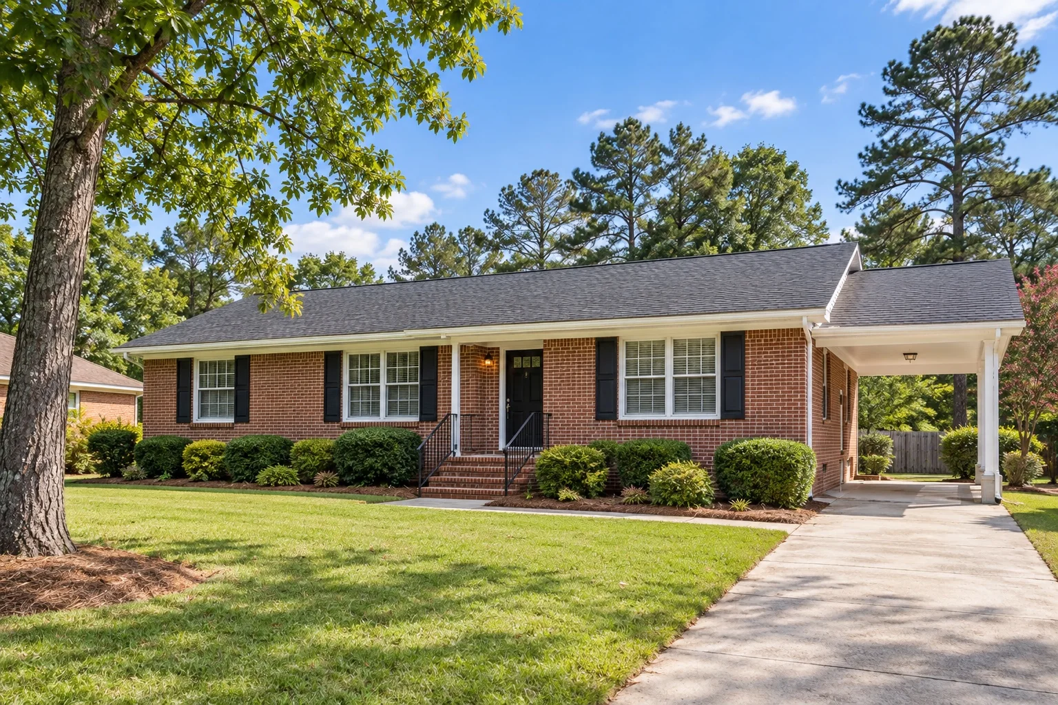 Single-family brick ranch home representative of Eastern North Carolina housing